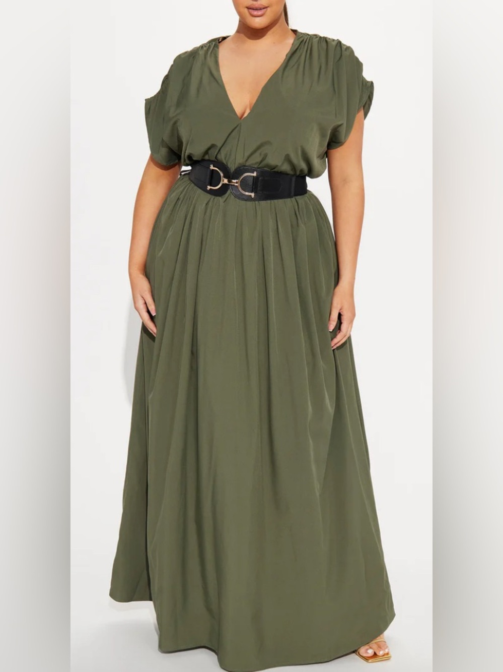 Olive Green Maxi Dress with Black Waist Belt